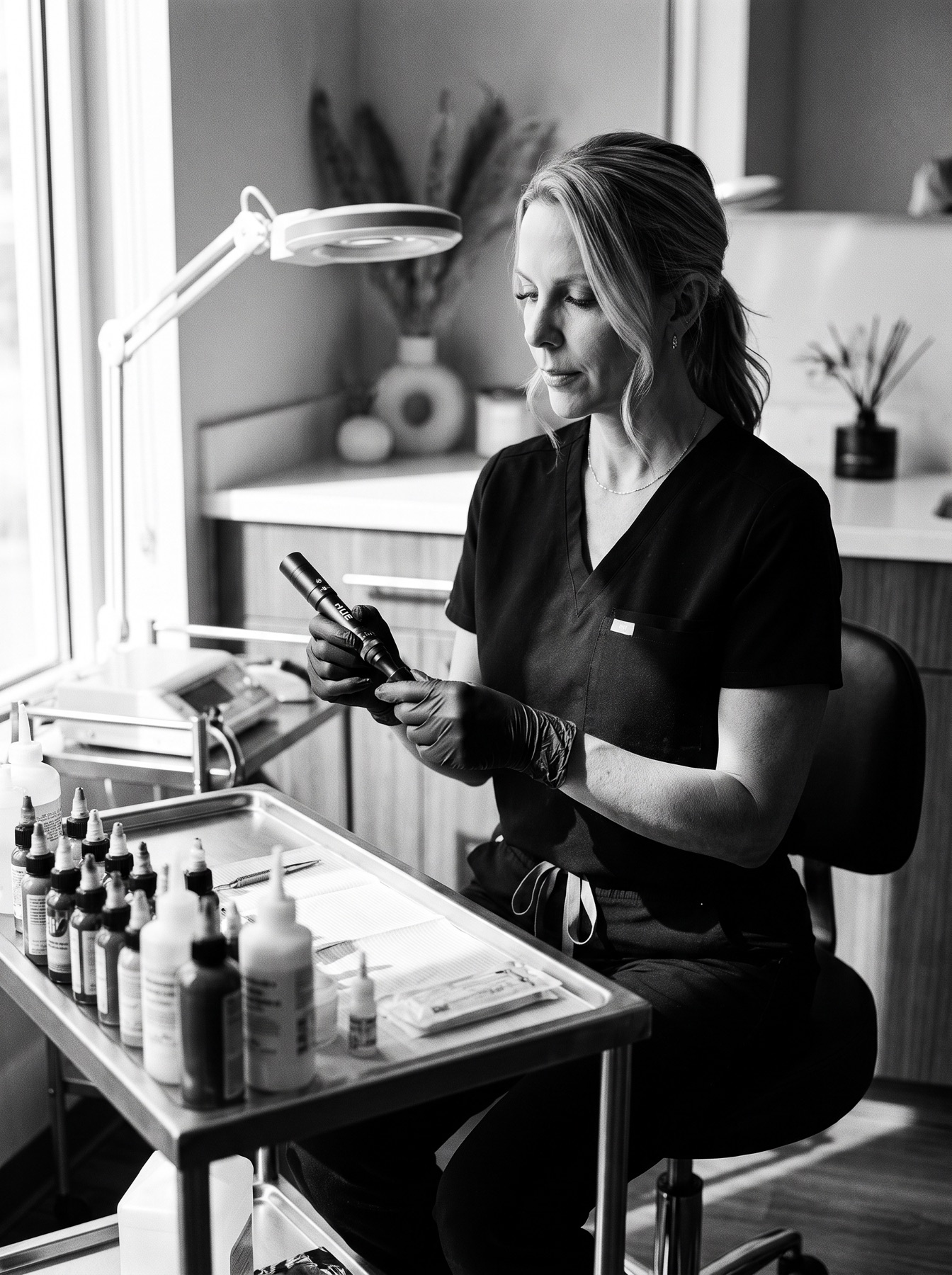 Heather Franks working with pigment and tattoo equipment at P31 Studio